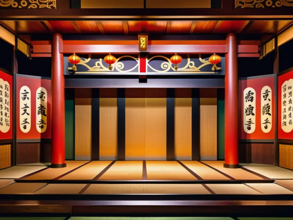 Detalles vibrantes de un escenario de teatro kabuki iluminado, capturando el espíritu vengativo de Oiwa en una experiencia inmersiva