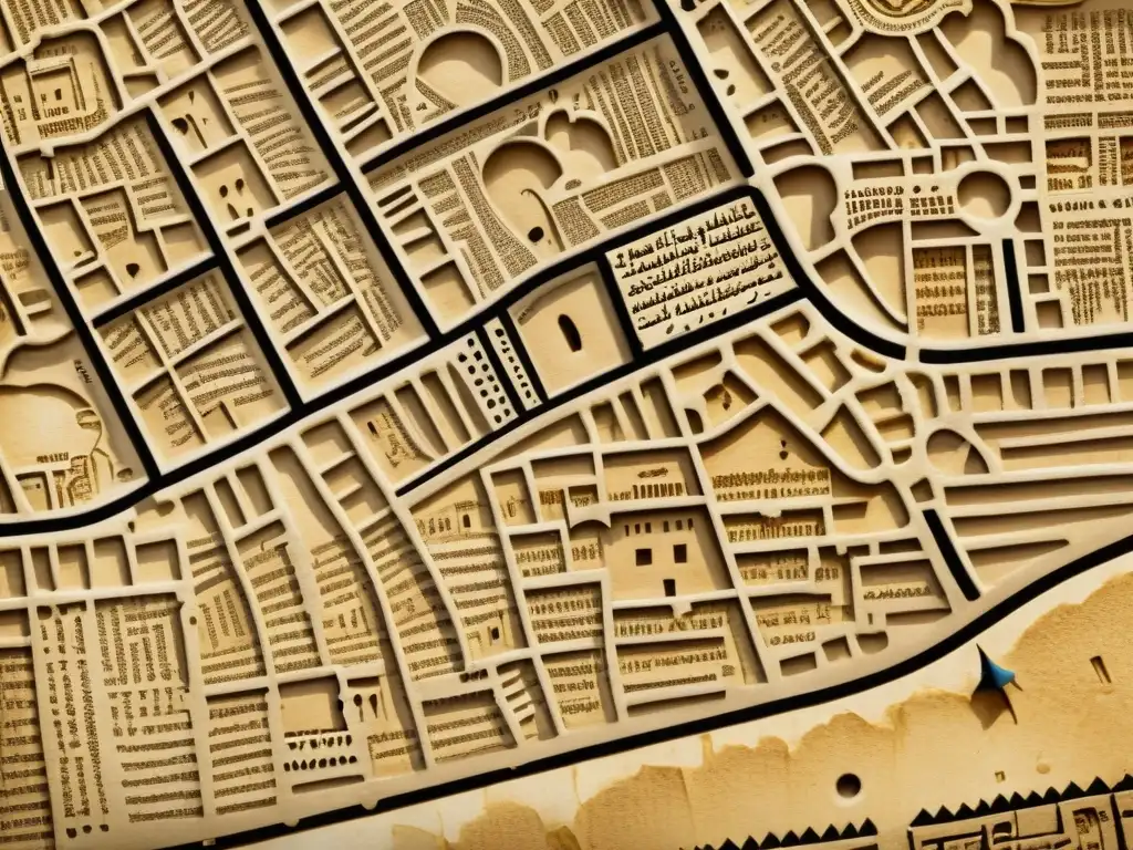 Detalles vívidos de un antiguo mapa de Tombuctú, con callejuelas, mercados y monumentos, que revelan el tesoro maldito de Tombuctú