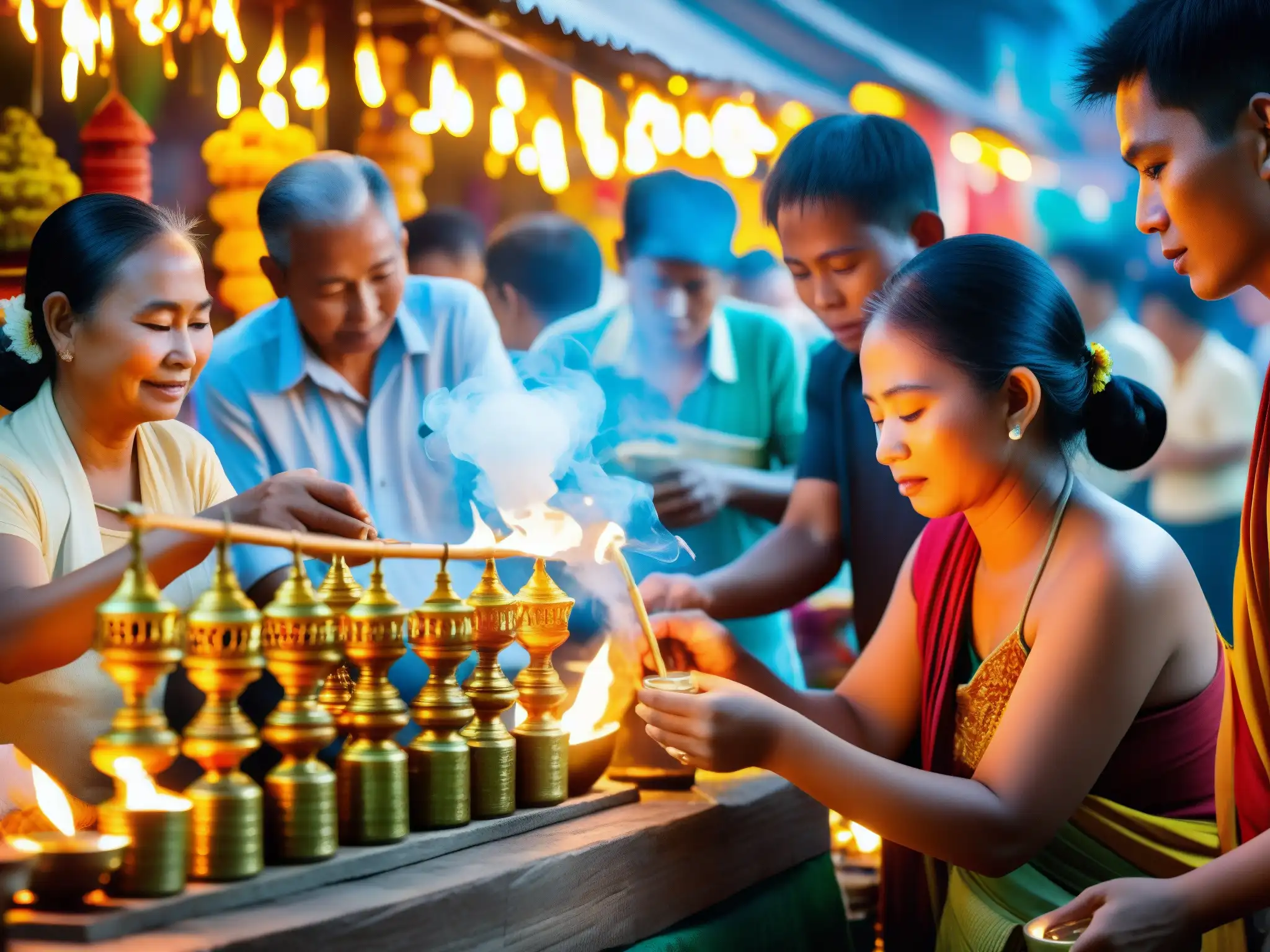 Devotos haciendo ofrendas y encendiendo incienso en un santuario dedicado a los fantasmas hambrientos en un bullicioso mercado de Myanmar