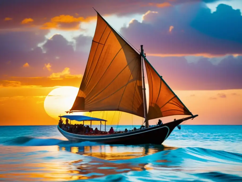 Un dhau tradicional swahili navega con gracia por el océano Índico al atardecer, destacando la magia y poder en Swahili