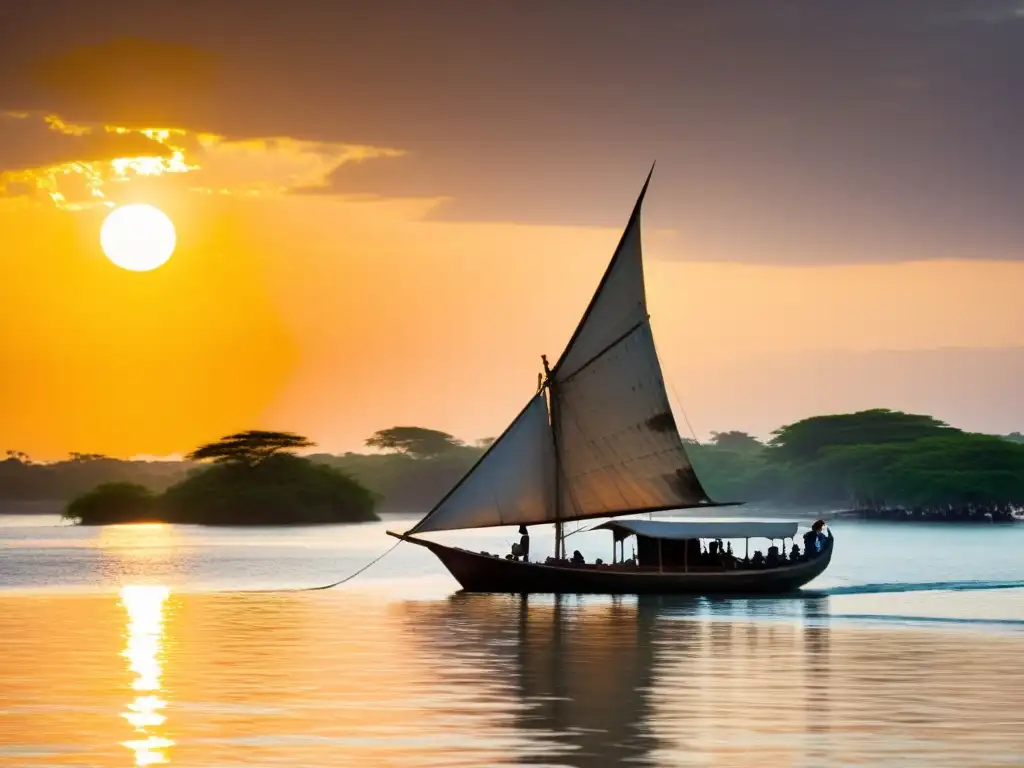 Un dhow tradicional Swahili navega frente a la costa de Lamu al atardecer, conectando espíritus y tradiciones en Lamu
