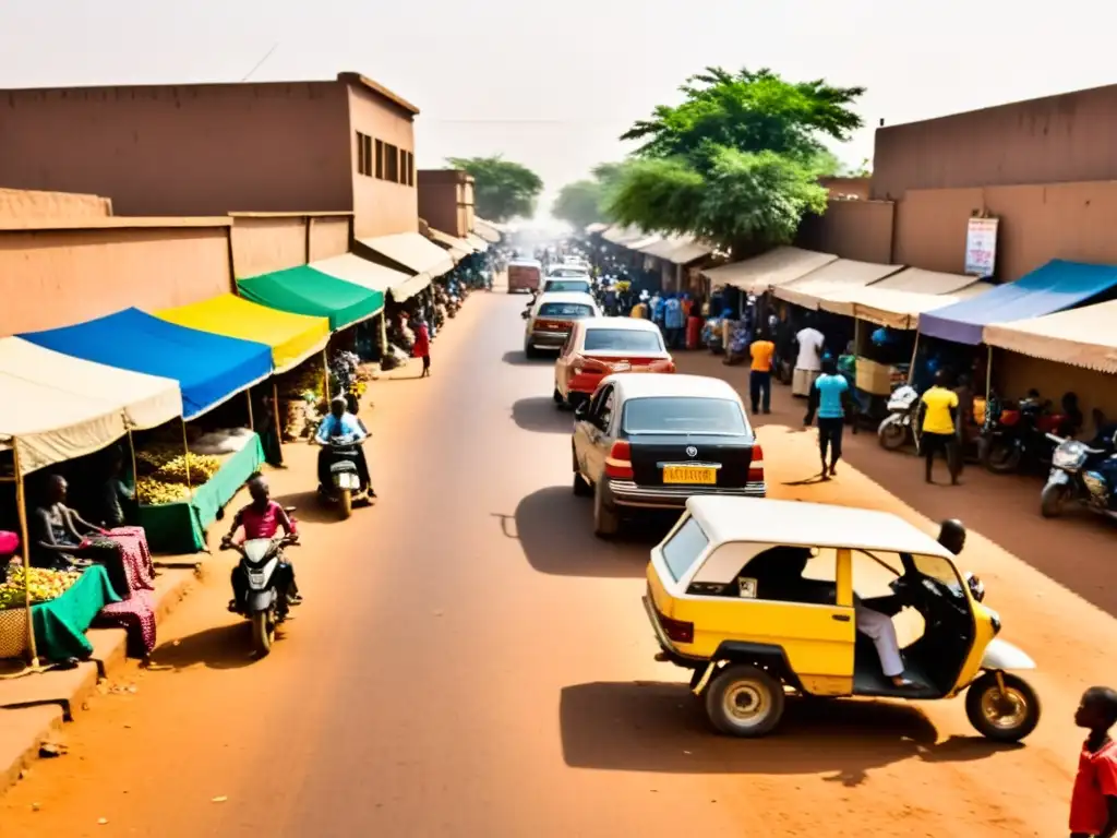 Un día bullicioso en las calles de Ouagadougou, vibrante y lleno de color, reflejando la energía y la esencia única de la ciudad