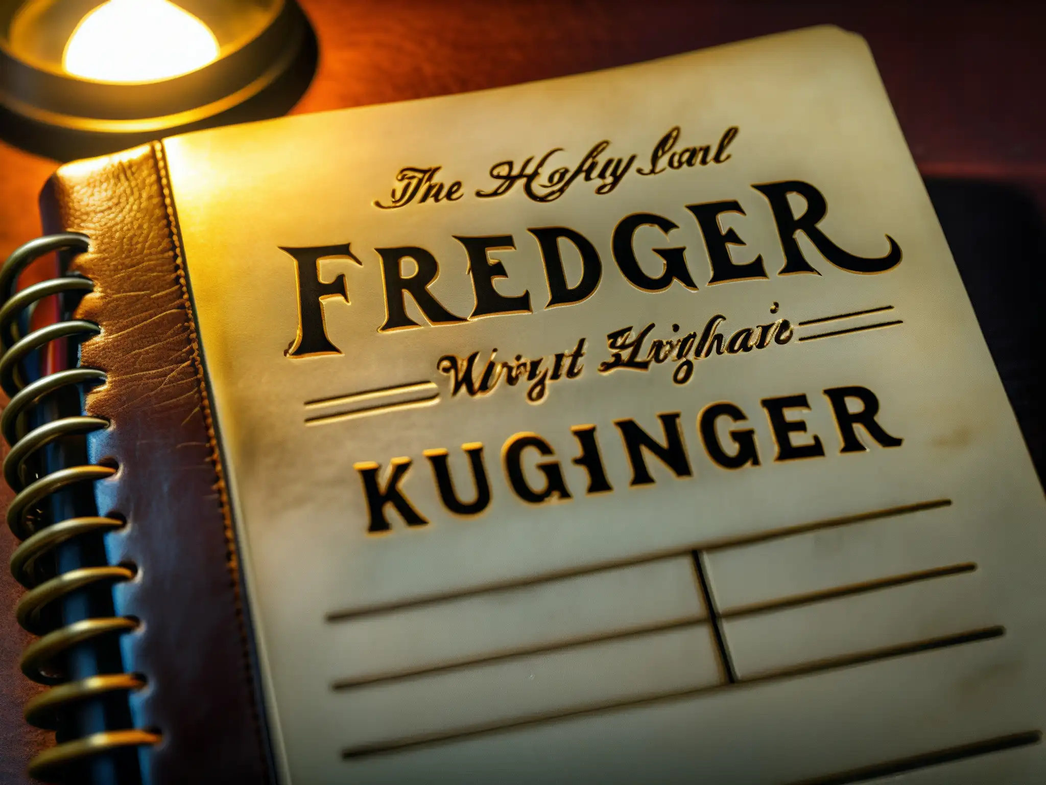 Un diario desgastado con el nombre 'Freddy Krueger' en letras doradas, lleno de notas y dibujos inquietantes