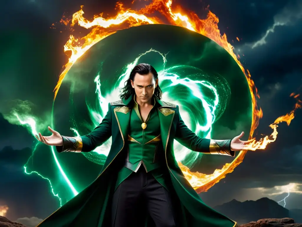 Loki, el dios nórdico del caos, inmerso en un torbellino cósmico de energía, reflejando su papel en el caos y la manipulación cósmica