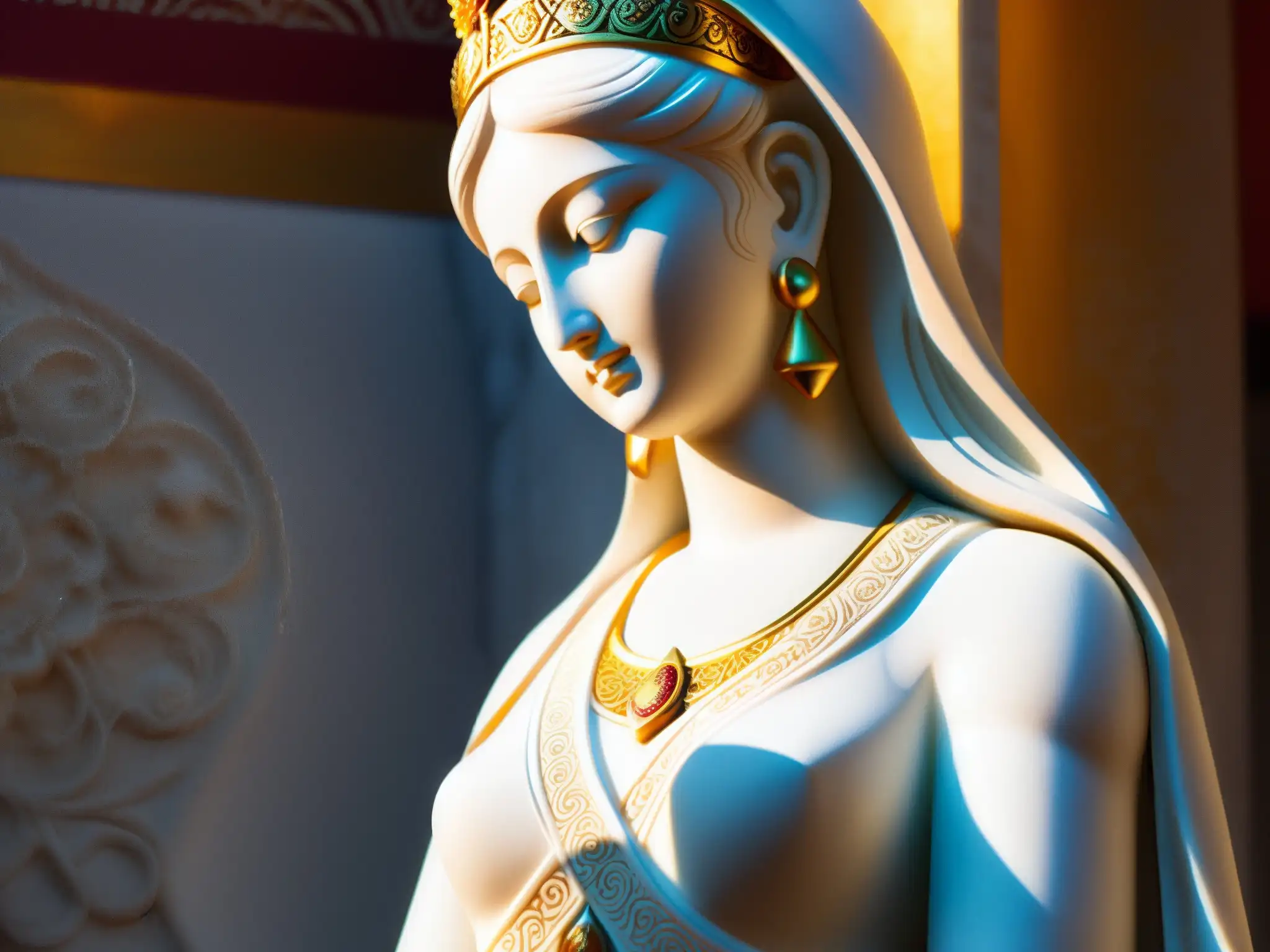 Una diosa blanca de mármol en Sri Lanka irradia misticismo, rodeada de ofrendas y luz dorada en un templo