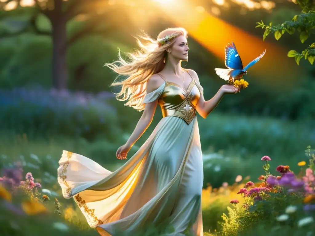 La diosa Freya, con su falcon, en un prado vibrante, exuda gracia y poder