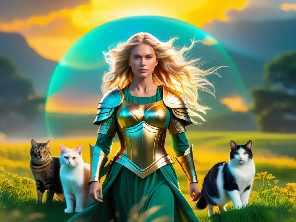 Diosa Freyja en un campo exuberante con sus gatos, irradiando poder y compasión, reflejando su dualidad en la mitología nórdica
