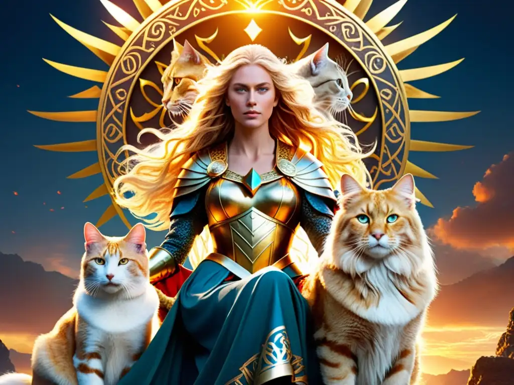 Diosa Freyja, majestuosa en su carro tirado por dos imponentes gatos, exudando determinación y compasión en un paisaje mítico de la mitología nórdica