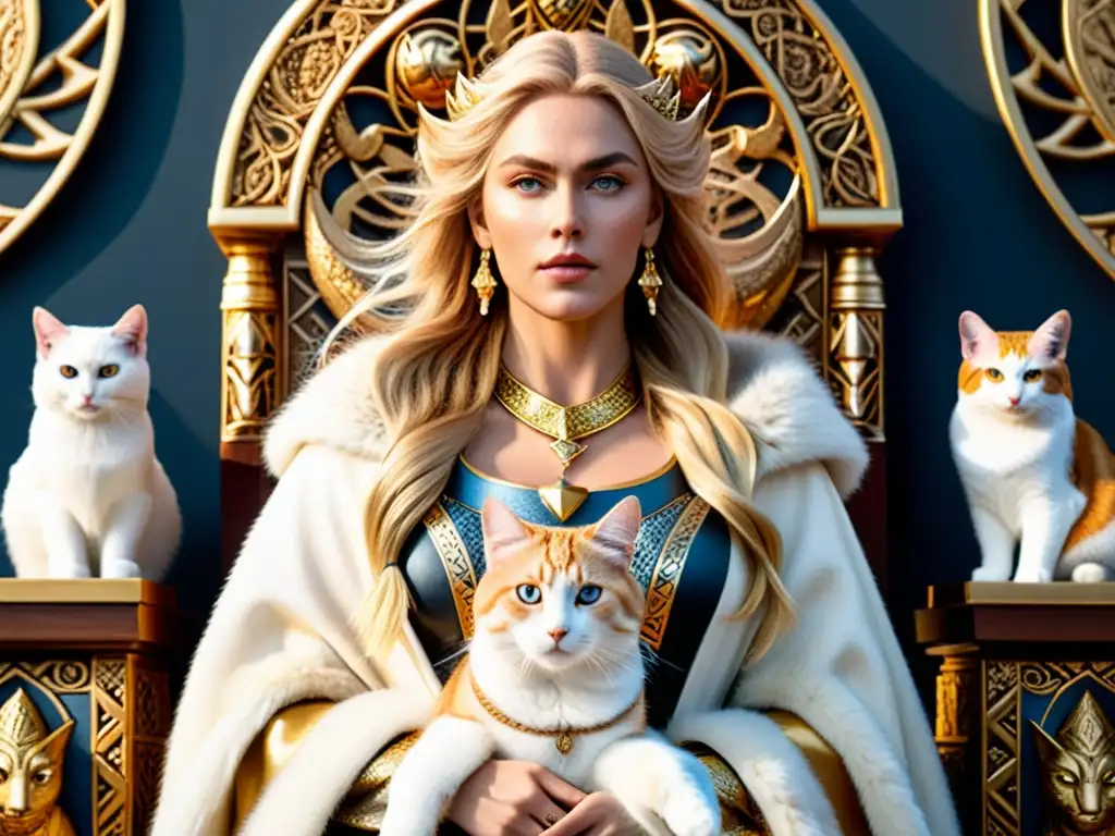 Diosa Freyja mitología nórdica: Majestuosa imagen en 8k de la diosa Freyja, rodeada de gatos y exudando poder y gracia en un trono adornado