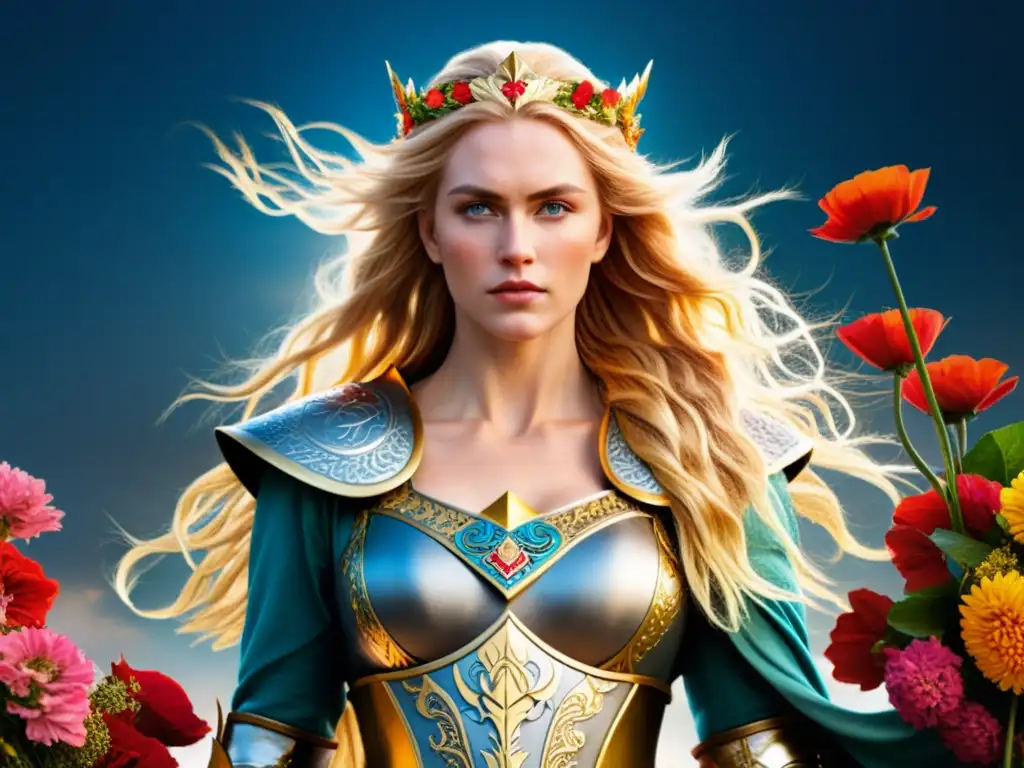Diosa Freyja de la mitología nórdica, con su armadura elegante, majestuoso porte y dos gatos poderosos, en un paisaje nórdico impresionante