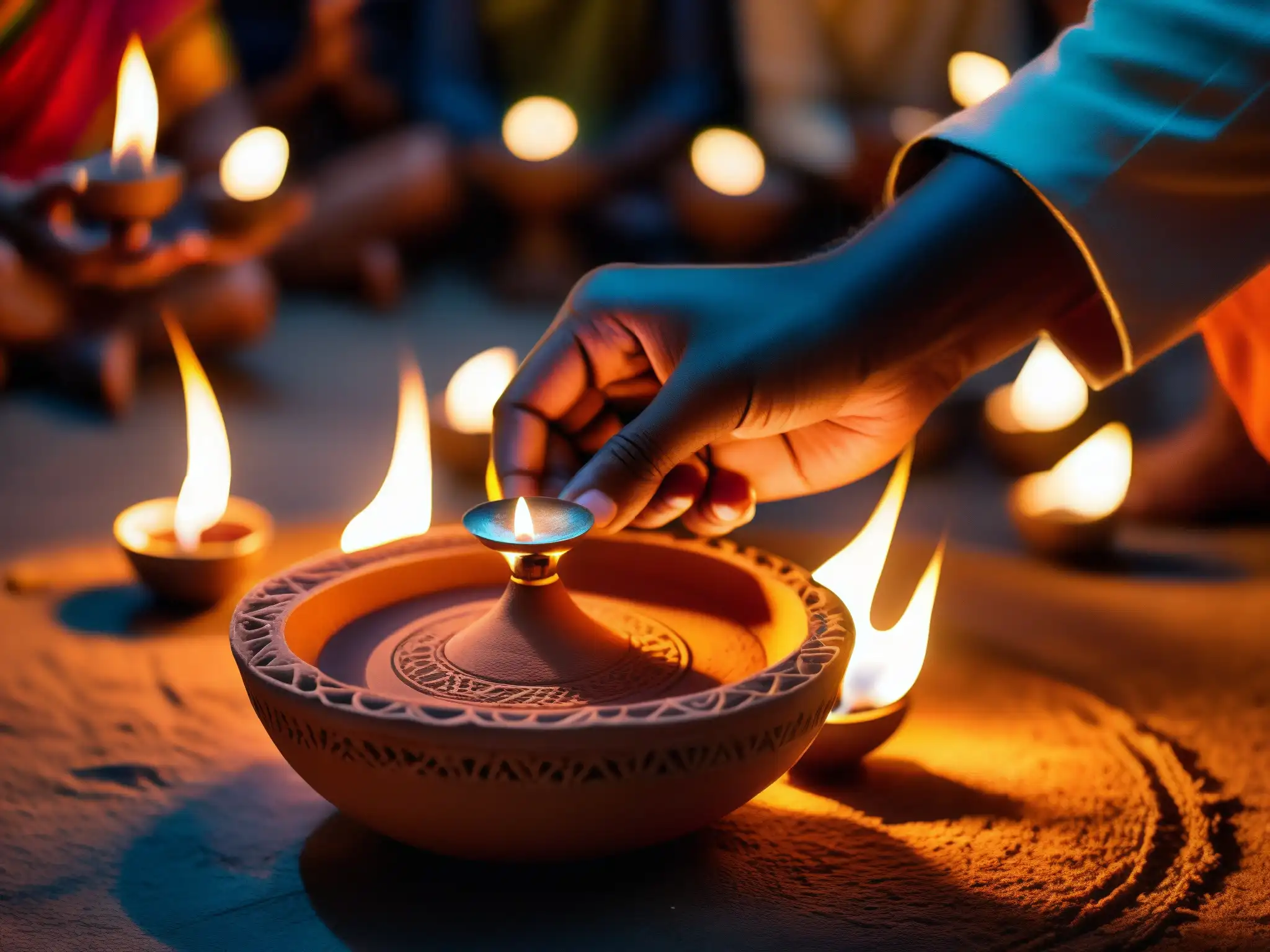 Un diya de arcilla encendido durante un ritual de exorcismo hindú, iluminando rostros y artefactos religiosos en una atmósfera inquietante