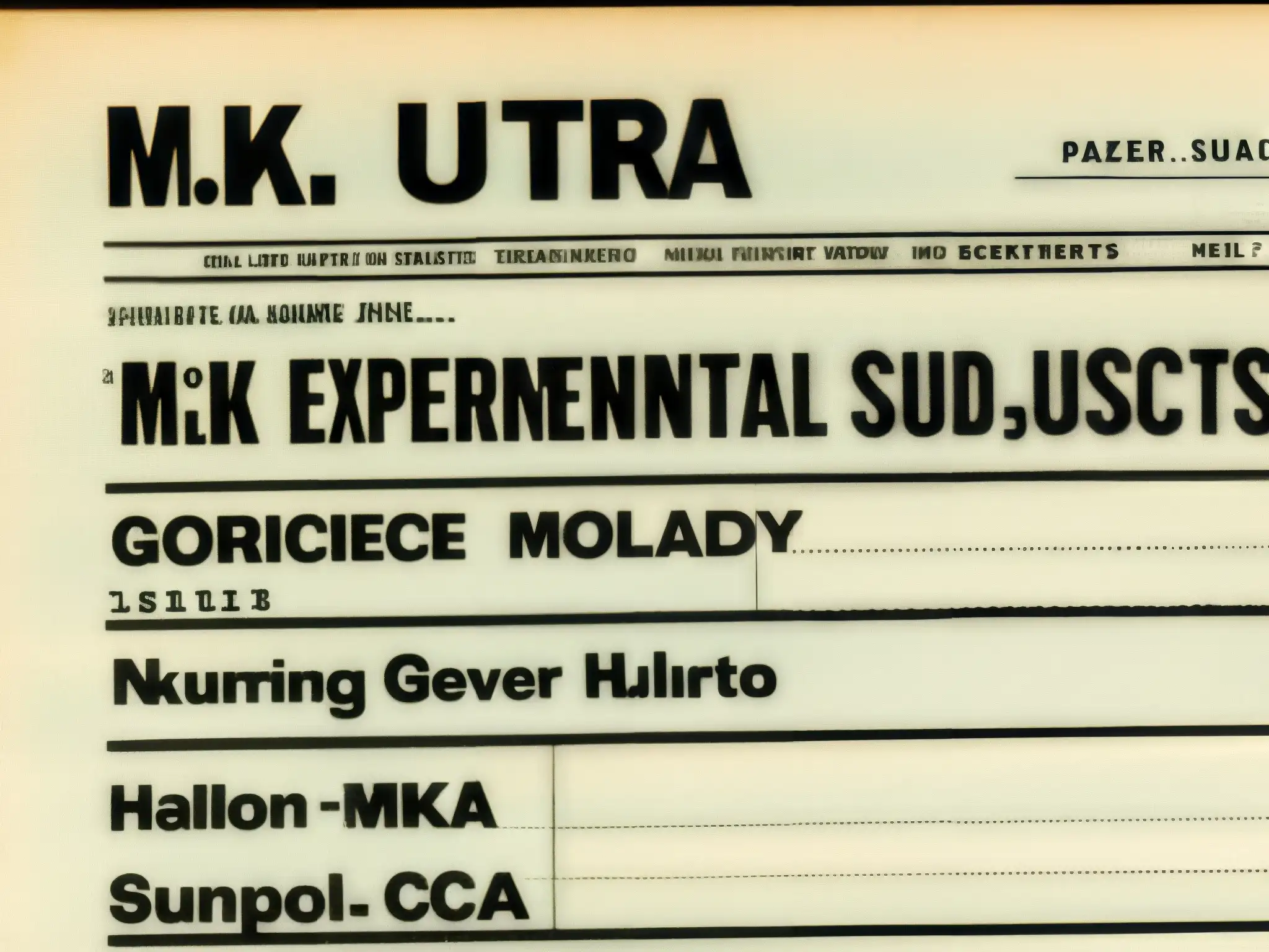 Documento antiguo de la CIA titulado 'MK Ultra' con secciones censuradas, evocando secretos del control mental CIA
