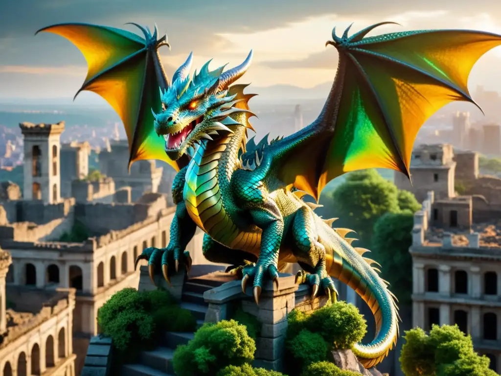 Un dragón majestuoso de escamas iridiscentes se alza sobre una ciudad en ruinas, con un aura de sabiduría ancestral