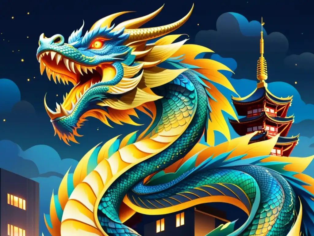 Un dragón de Ryuugujou de la mitología urbana, con escamas vibrantes e irisadas, ojos dorados y aliento de fuego azul en la noche