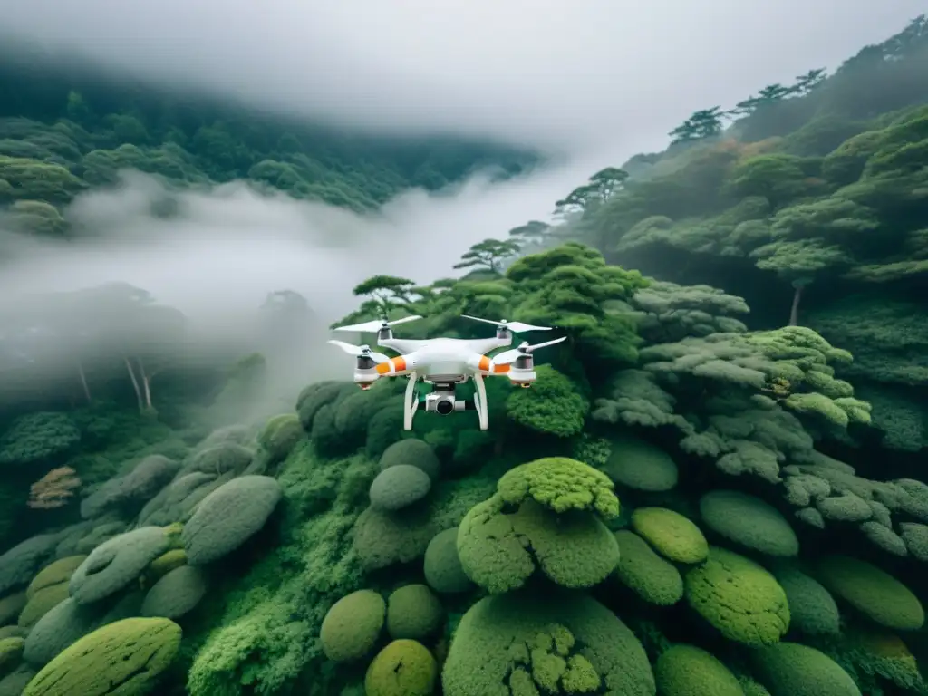 Dron explorando bosque encantado en Japón, captando misteriosa belleza natural y aldeas abandonadas