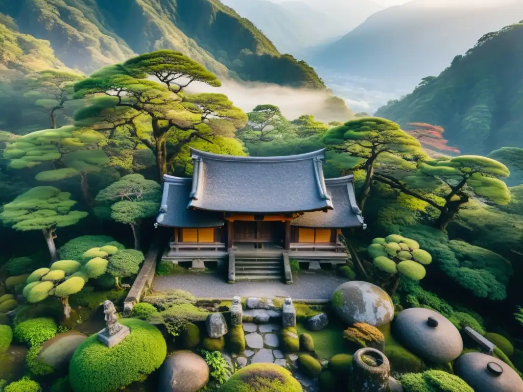 Drones exploración lugares encantados Japón: Vista aérea de un santuario Shinto abandonado en las brumosas montañas, con un dron capturando la atmósfera mística y misteriosa