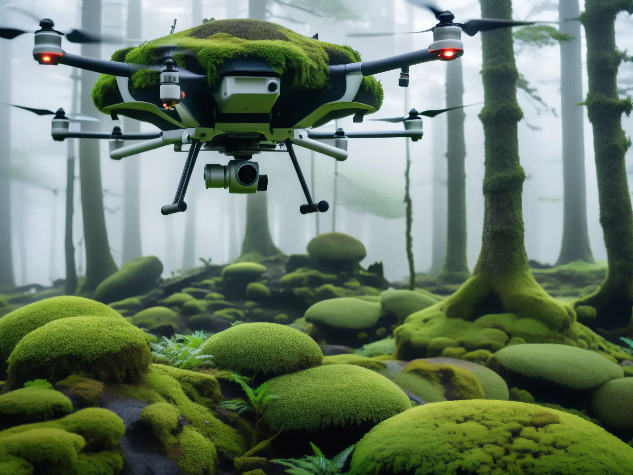 Drones exploración lugares encantados Japón: Bosque neblinoso con árboles antiguos y dron capturando la misteriosa belleza del paisaje