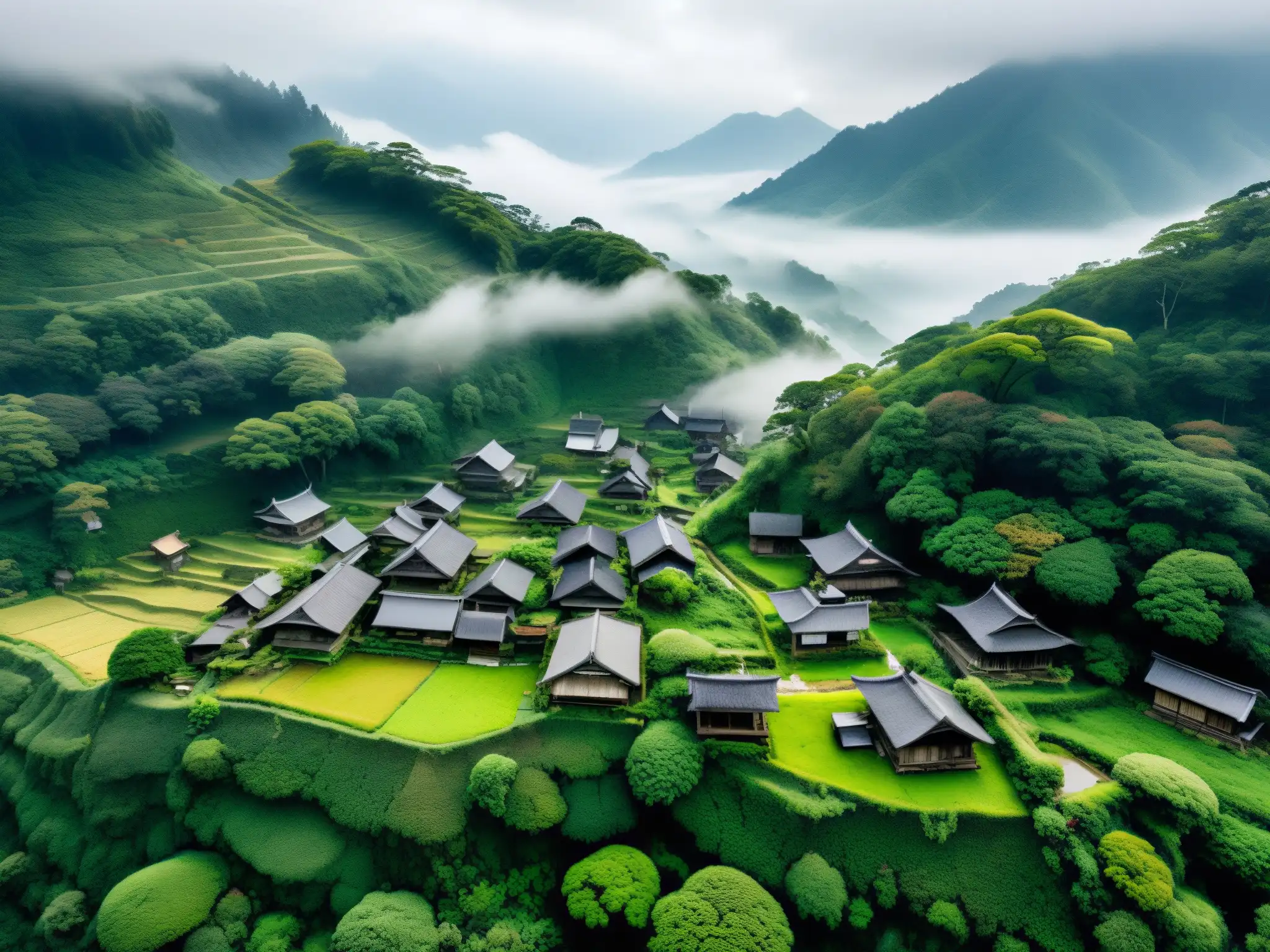 Drones explorando un misterioso pueblo japonés abandonado, envuelto en neblina y rodeado de naturaleza exuberante