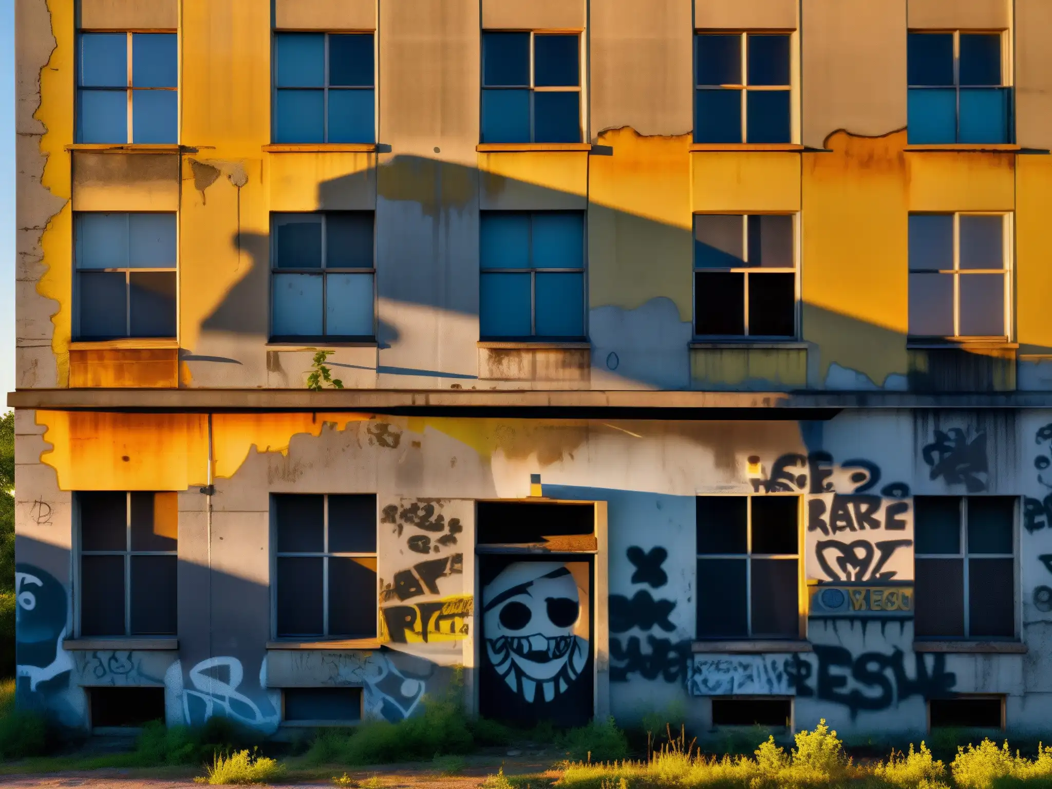 Un edificio abandonado y grafitiado al atardecer, reflejando leyendas urbanas y temores culturales