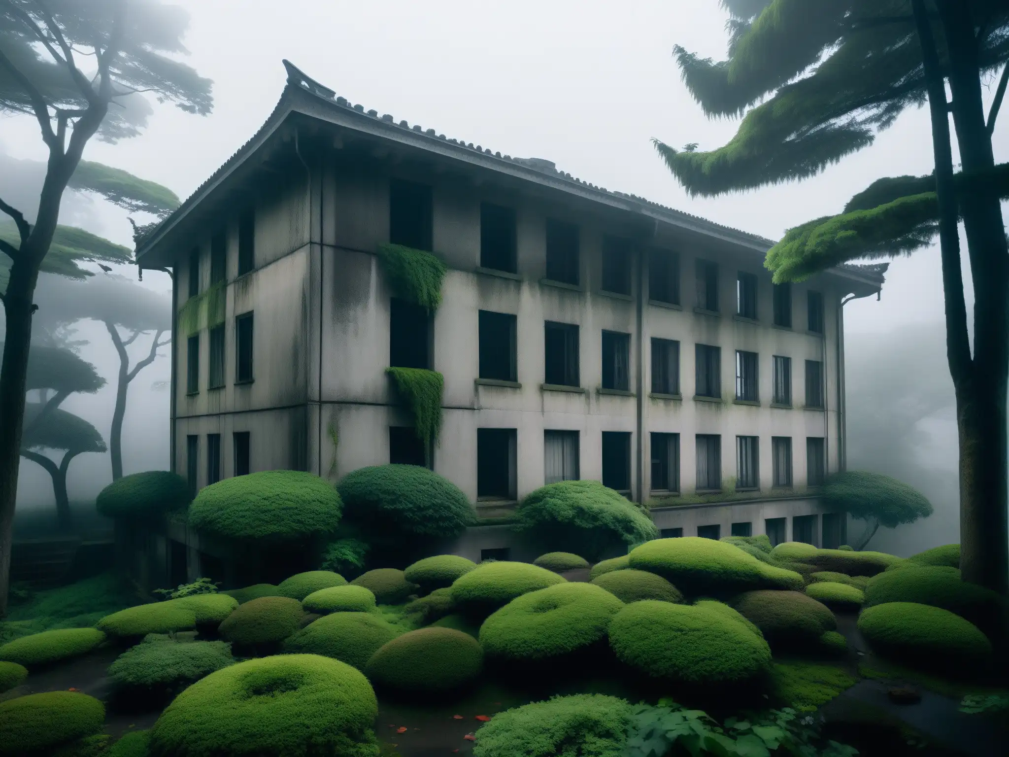 Un edificio coreano abandonado en la niebla, envuelto en misterio y fenómeno paranormal edificios coreanos