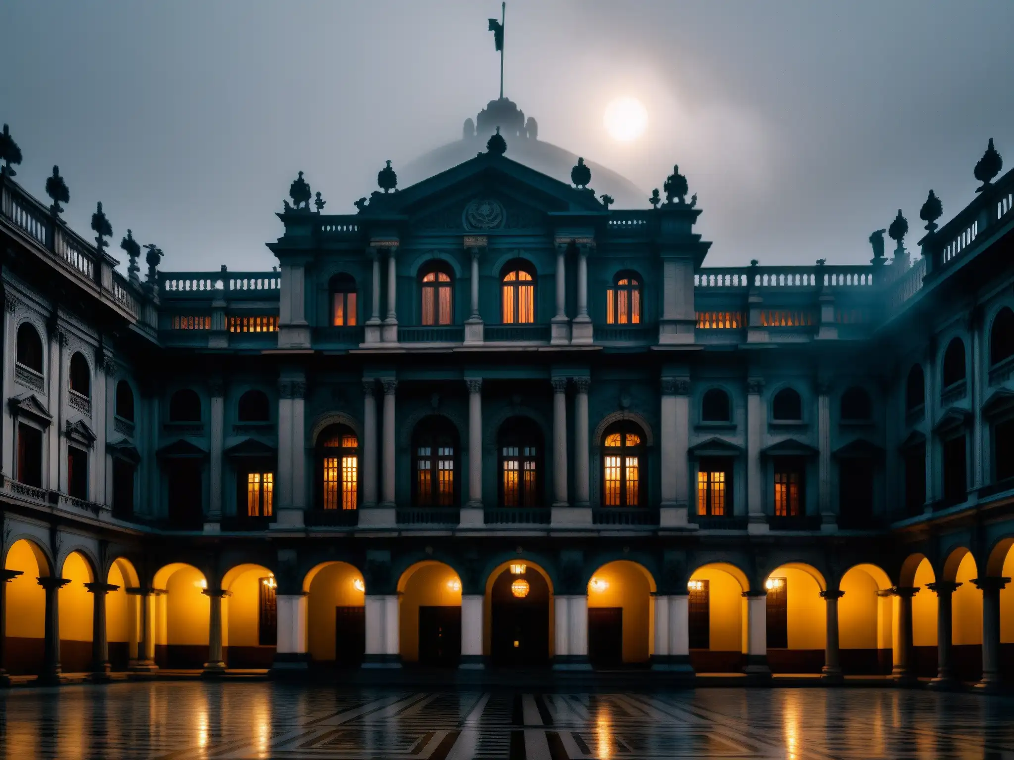 Edificio gubernamental en una ciudad latinoamericana, iluminado por una luz fantasmagórica, evocando historias sobrenaturales política latinoamericana