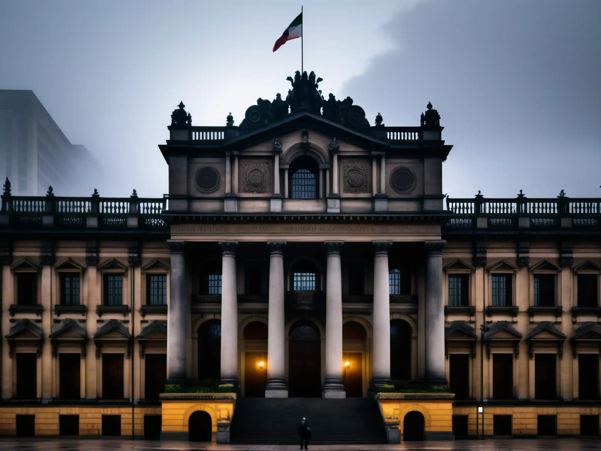 Edificio gubernamental latinoamericano con figura fantasmal, evocando historias sobrenaturales política latinoamericana