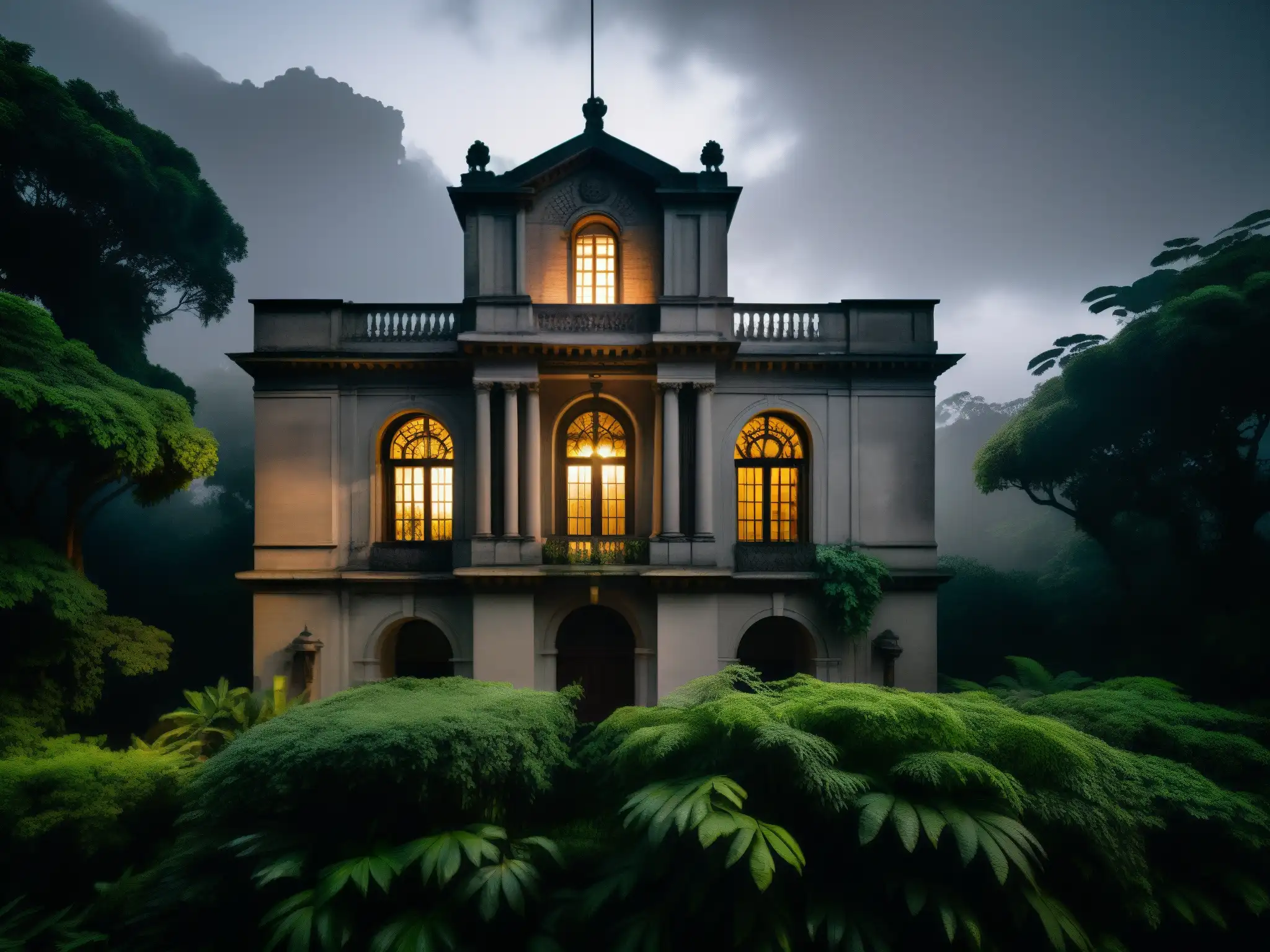 Edificio histórico latinoamericano envuelto en misterio y vegetación exuberante, iluminado por una luz fantasmal