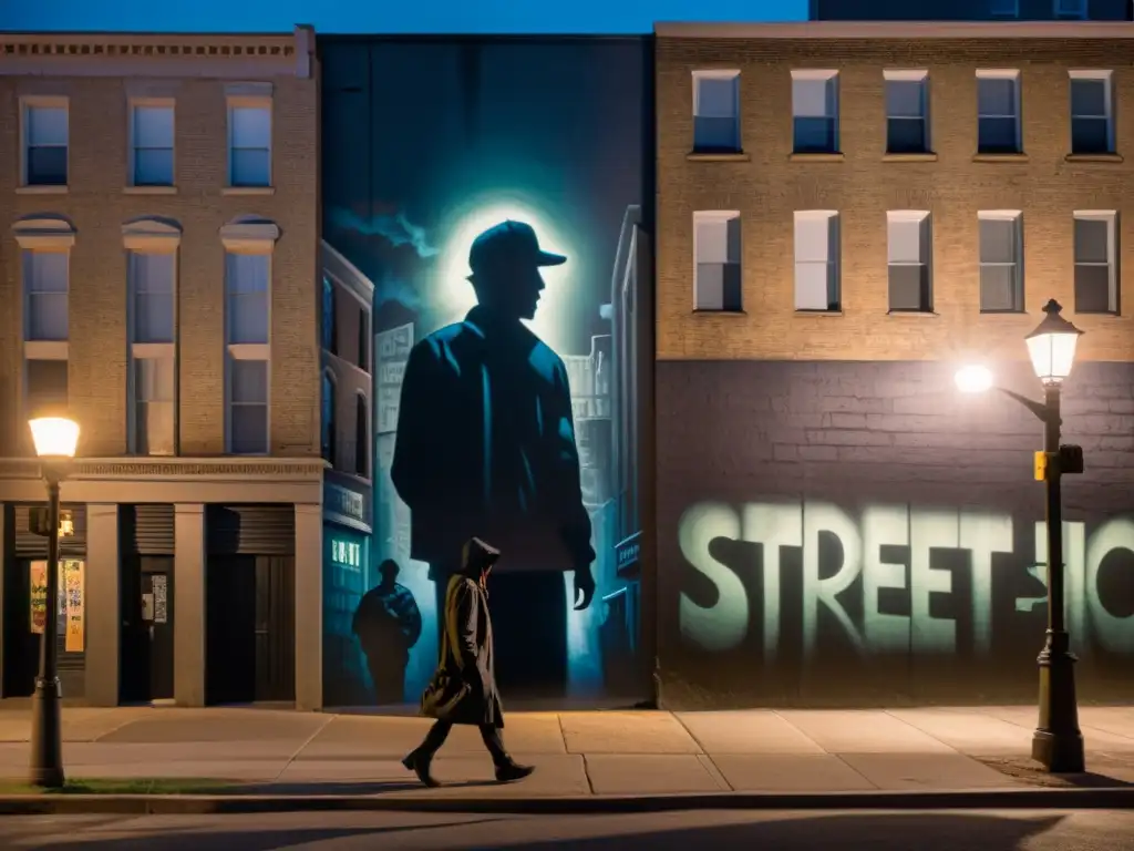 Efectos de las Leyendas Urbanas: Calle nocturna con sombras y graffiti, evocando el misterio y la inquietud urbana