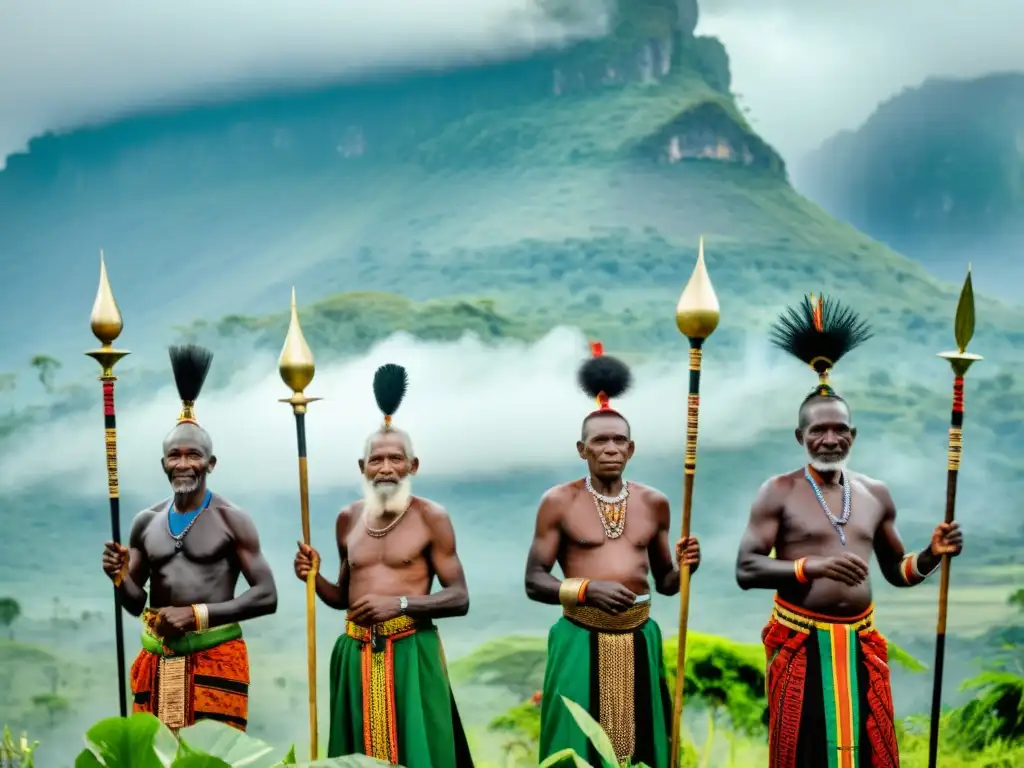 Elders de Kimambo realizan ritual para honrar espíritus guardianes en Tanzania, rodeados de exuberante vegetación y vestimenta tribal colorida