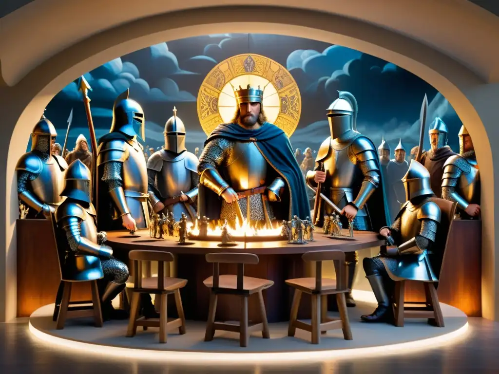Emocionante mural del Rey Arturo y sus caballeros en la legendaria mesa redonda, evocando el origen histórico del mito