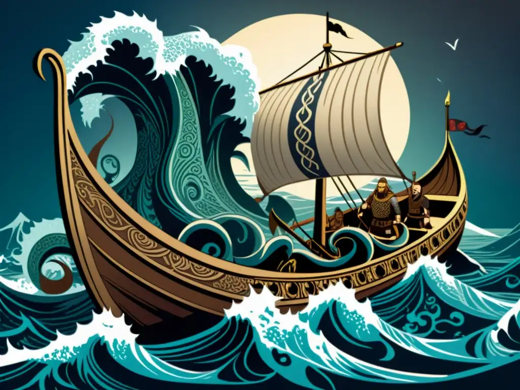 Emocionante ilustración del origen mitológico del Kraken atacando un barco vikingo, generando caos y terror en alta mar