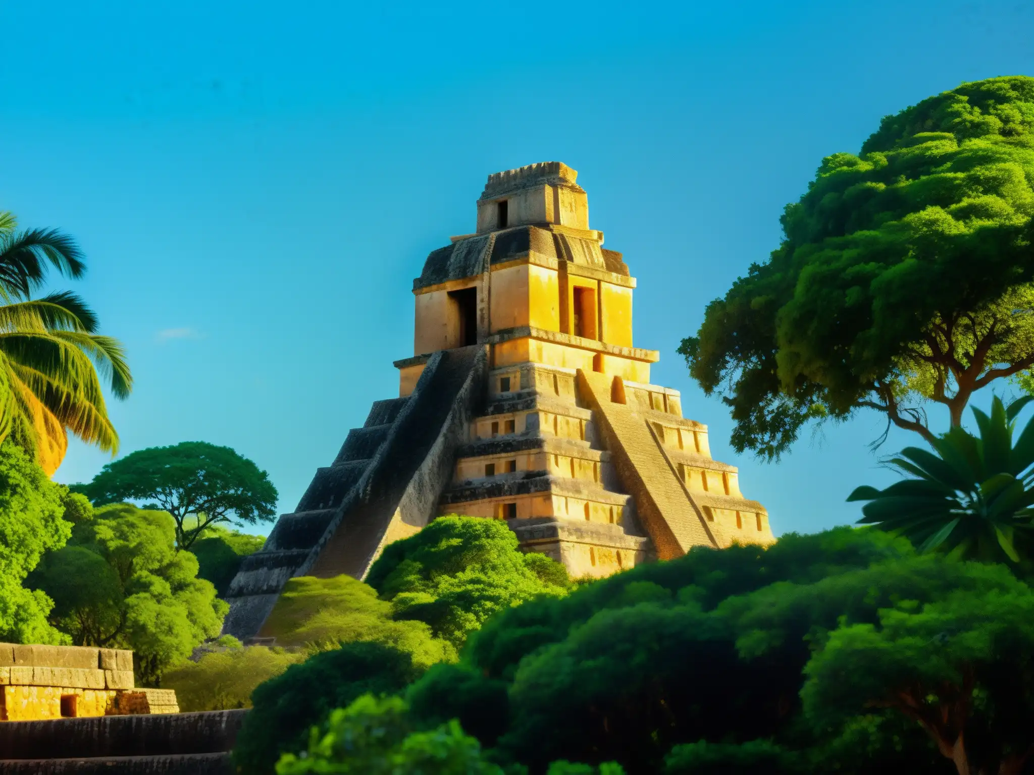 El Enano de Uxmal protector emerge entre ruinas mayas, iluminado por el cálido sol y rodeado de exuberante vegetación