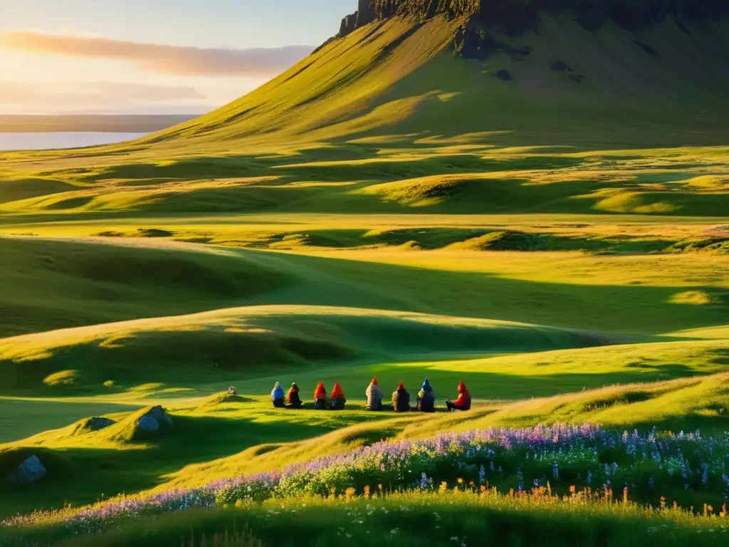 Encantador encuentro entre seres míticos y personas en un paisaje islandés, seres encantados convivencia Islandia