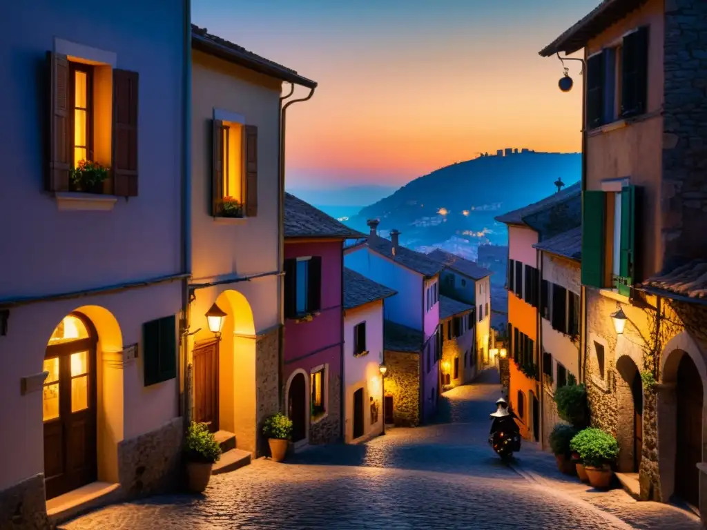 Un encantador pueblo italiano al atardecer con calles empedradas, edificios antiguos y ventanas con coloridas contraventanas