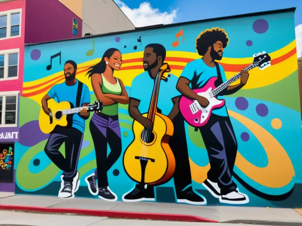 Encantamientos en la cultura urbana: Mural vibrante con artistas y músicos urbanos unidos en expresión creativa