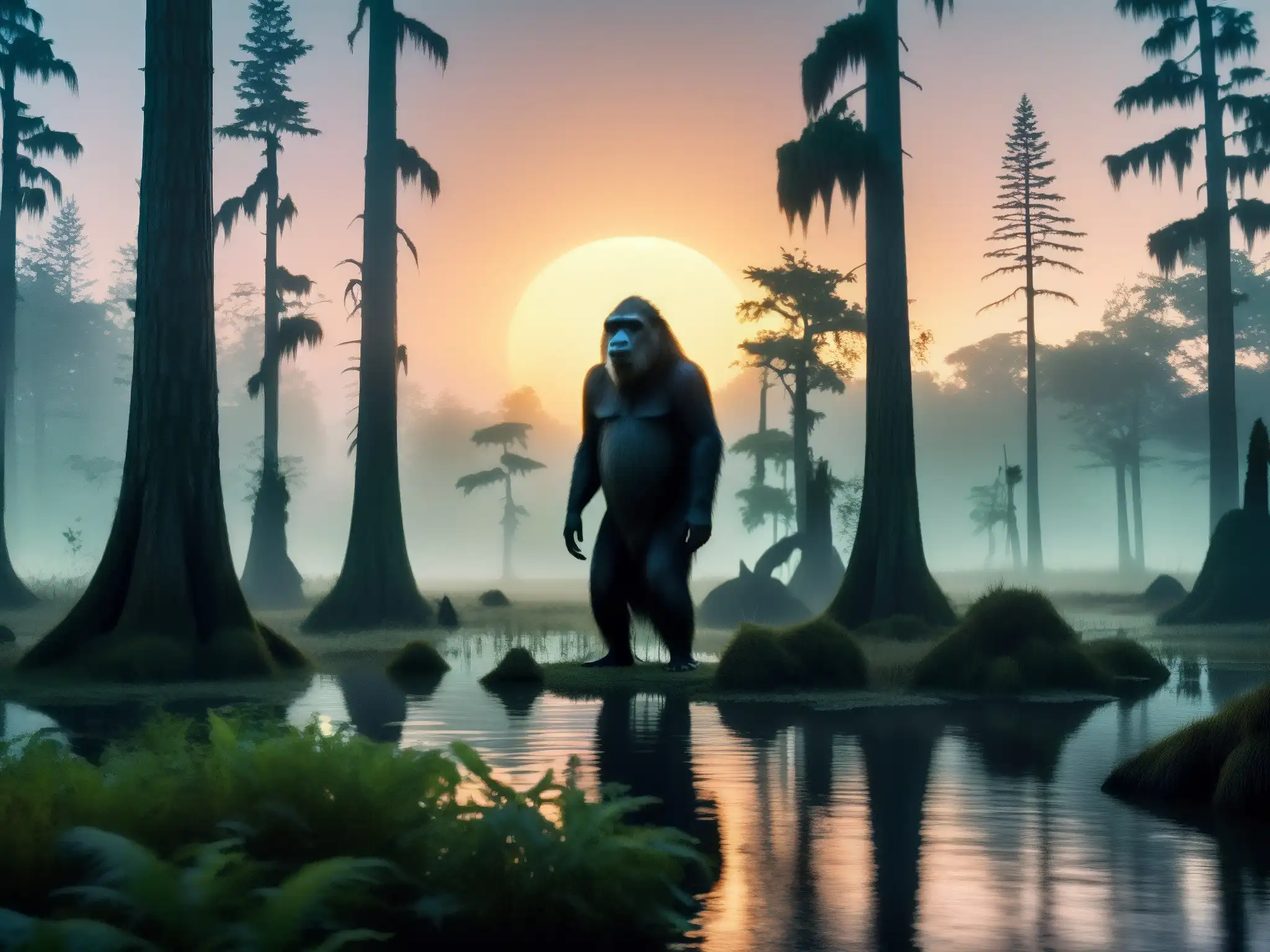 Encuentro con el Skunk Ape en un pantano brumoso al anochecer, entre sombras y misterio