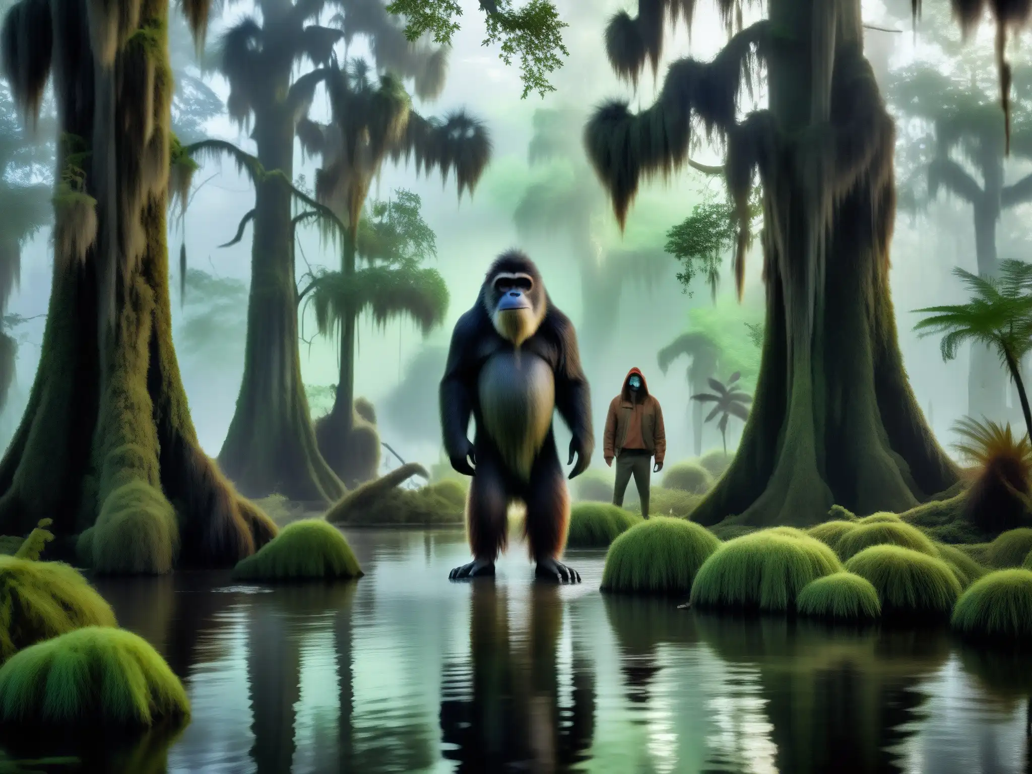 Encuentro con el Skunk Ape en un pantano neblinoso y misterioso con cipreses y musgo español colgando de sus ramas, creando una atmósfera inquietante