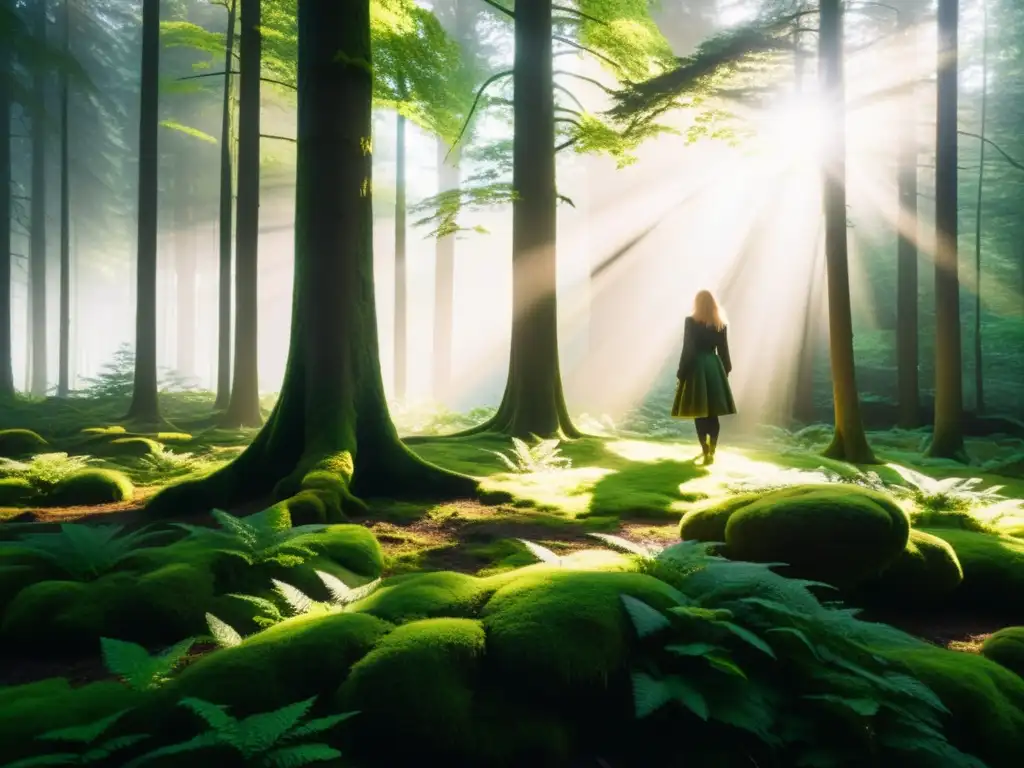 Encuentros con la Ninfa del Bosque Nórdico: un bosque exuberante bañado por la luz del sol, creando una atmósfera misteriosa y seductora