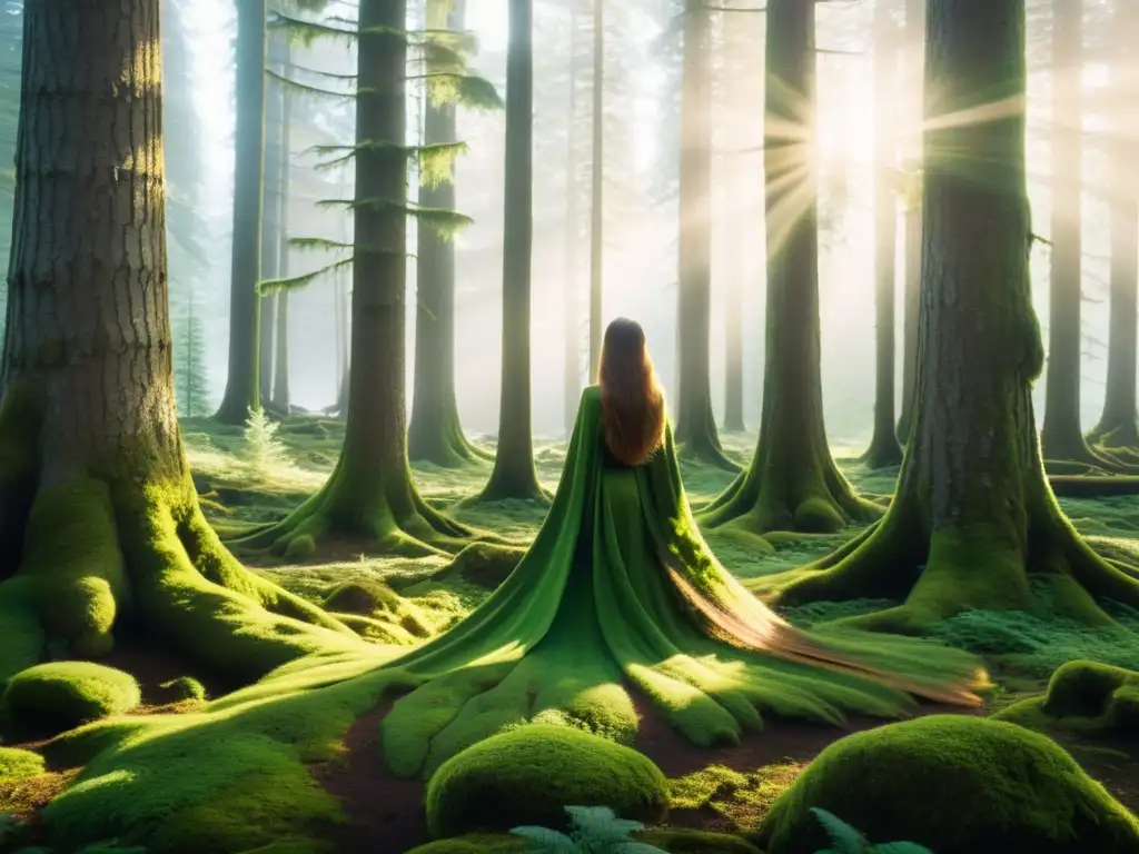 Encuentros con la Ninfa del Bosque Nórdico: un bosque exuberante de pinos, musgo verde vibrante y una misteriosa figura huldra entre la luz filtrada