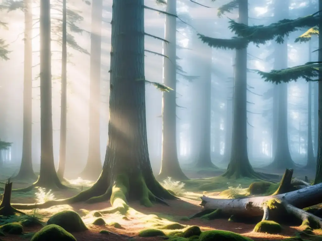 Encuentros con la Ninfa del Bosque Nórdico: Un bosque místico, con árboles altos envueltos en neblina