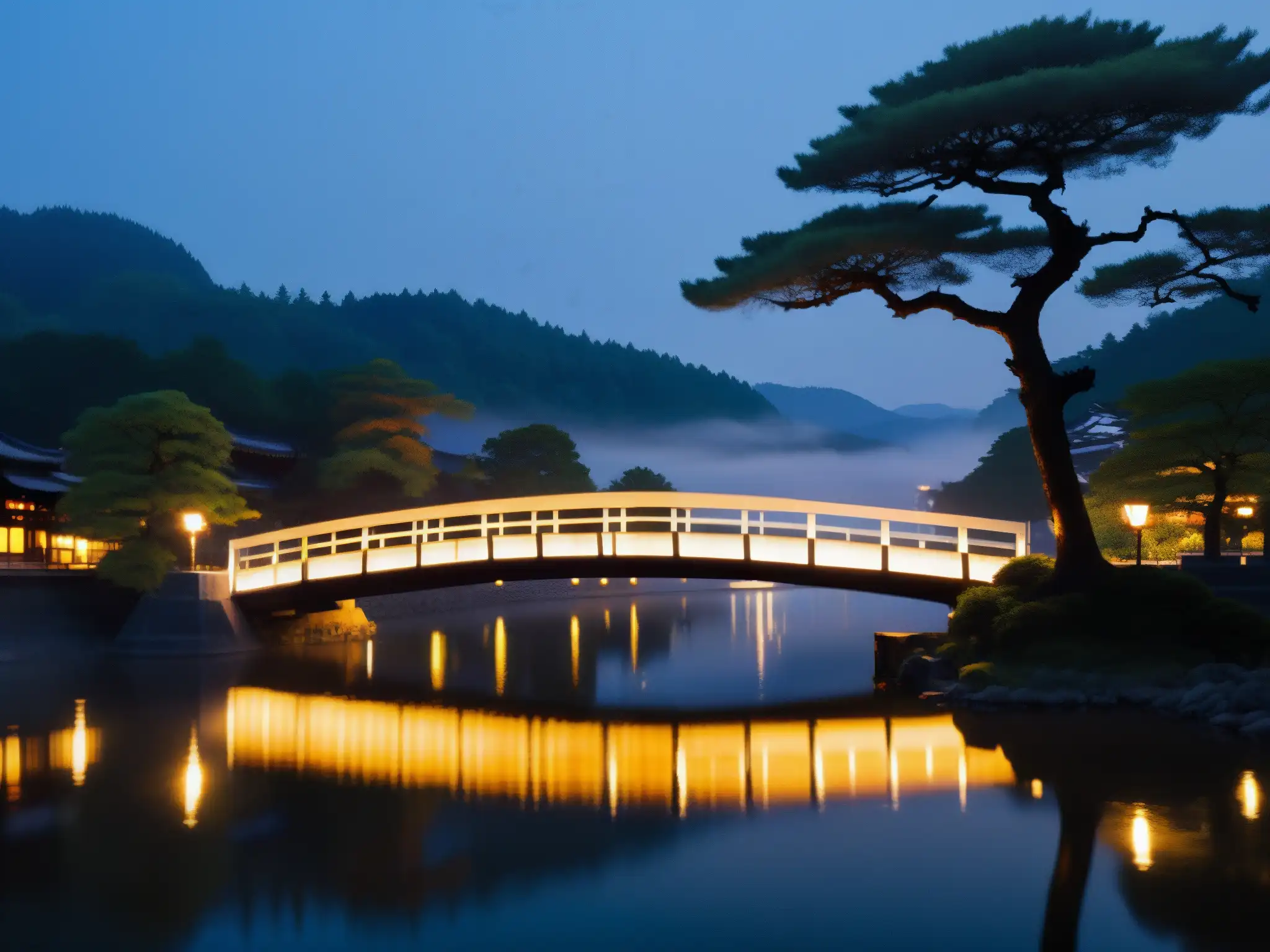Encuentros paranormales en puente Inubashiri: Atmósfera misteriosa al anochecer, con neblina y luces cálidas iluminando el puente y el río