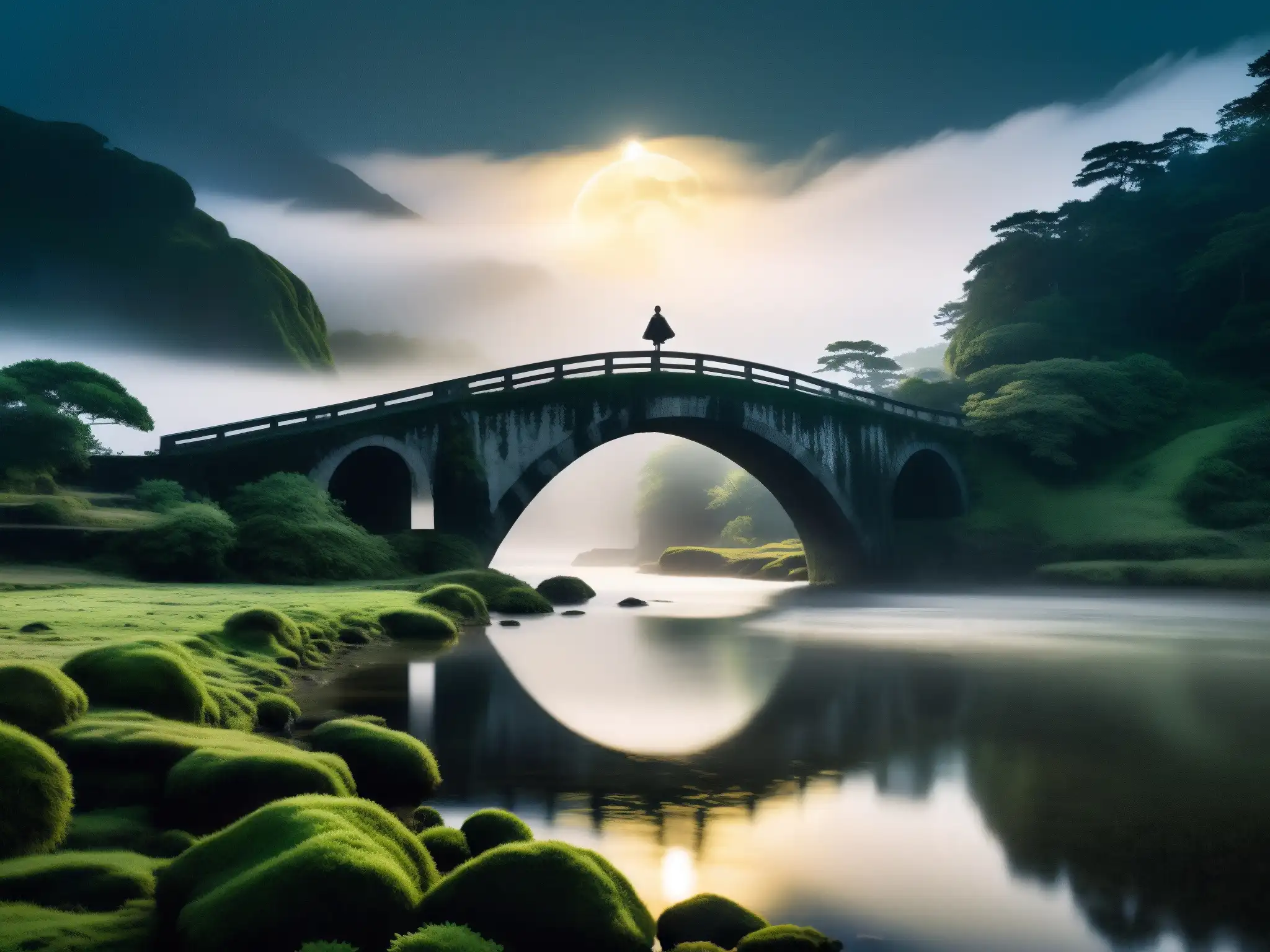 Encuentros paranormales en puente Inubashiri: figura solitaria en un puente antiguo, envuelto en niebla y misterio