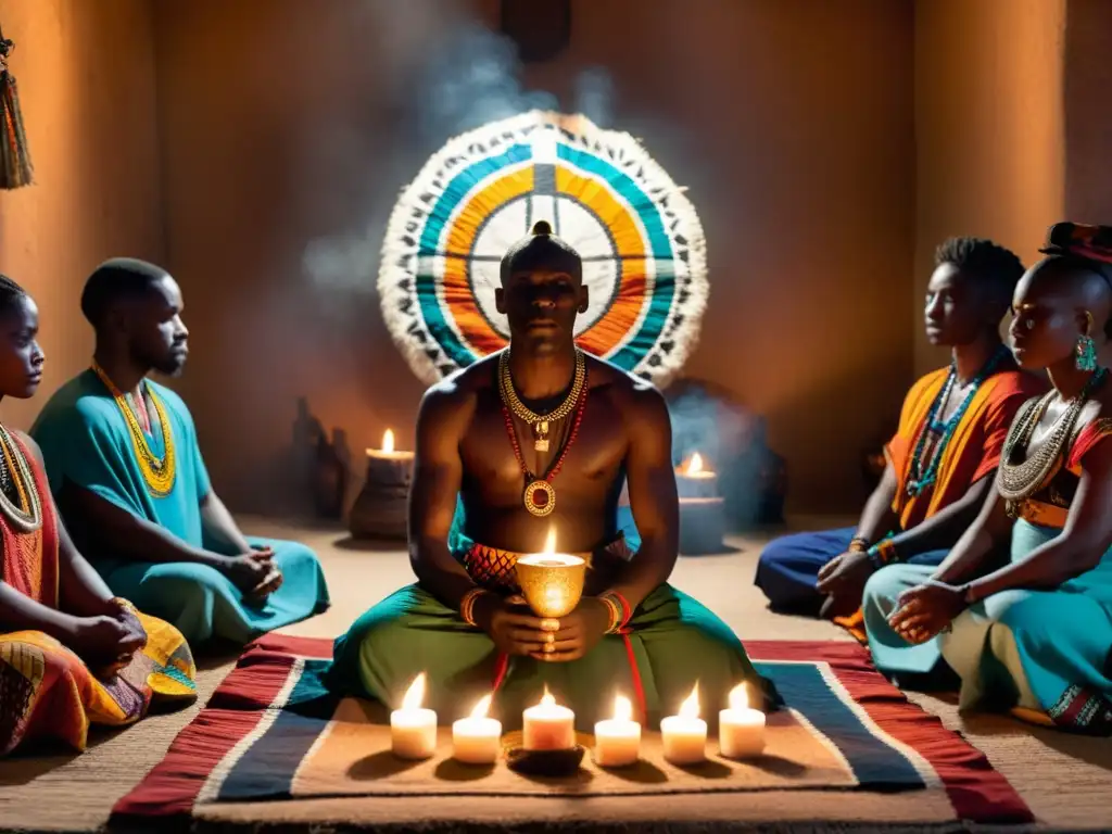 Encuentros sobrenaturales en Côte d'Ivoire: grupo de personas y un chamán realizando un ritual en una habitación iluminada por velas