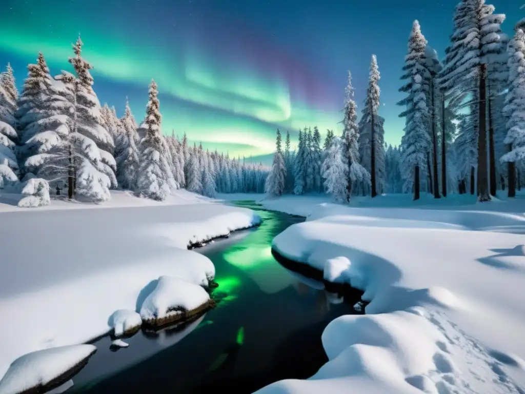 Encuentros con el Vættir en un bosque nórdico nevado, con pinos altos y la aurora boreal danzando en el cielo
