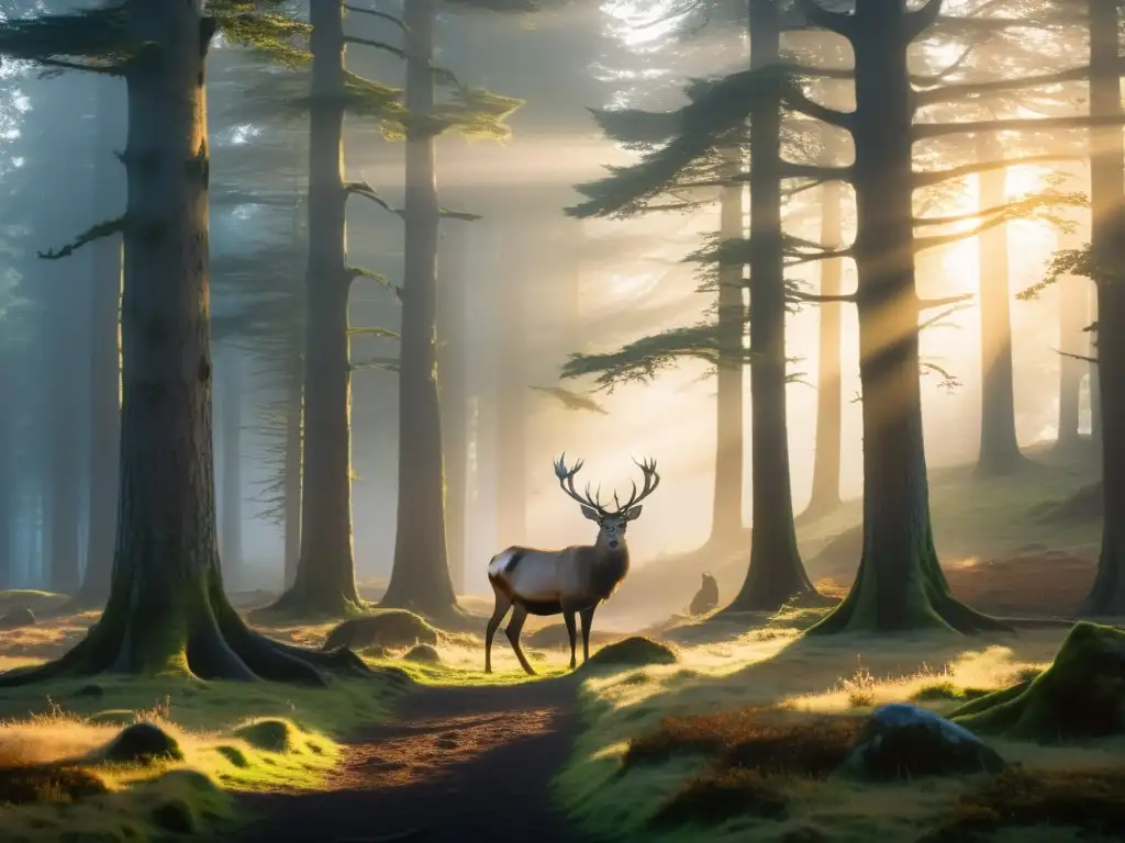 Encuentros con el Vættir en el bosque nórdico: un encuentro sagrado y místico con un majestuoso ciervo en la luz dorada del atardecer