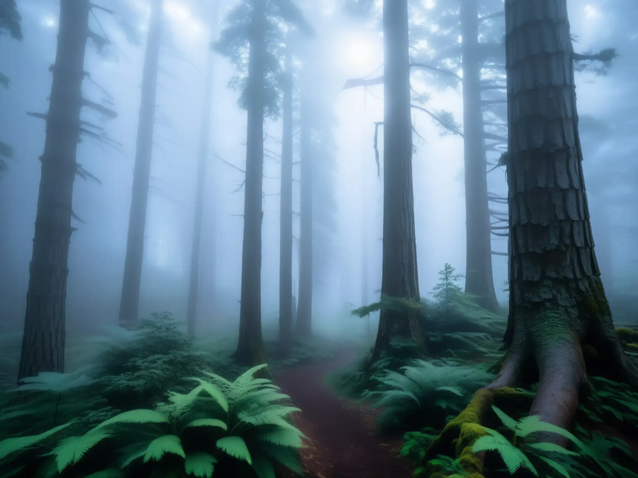 El enigma del bosque siniestro: un bosque misterioso y tenebroso, con árboles antiguos envueltos en niebla y rayos de sol dorado