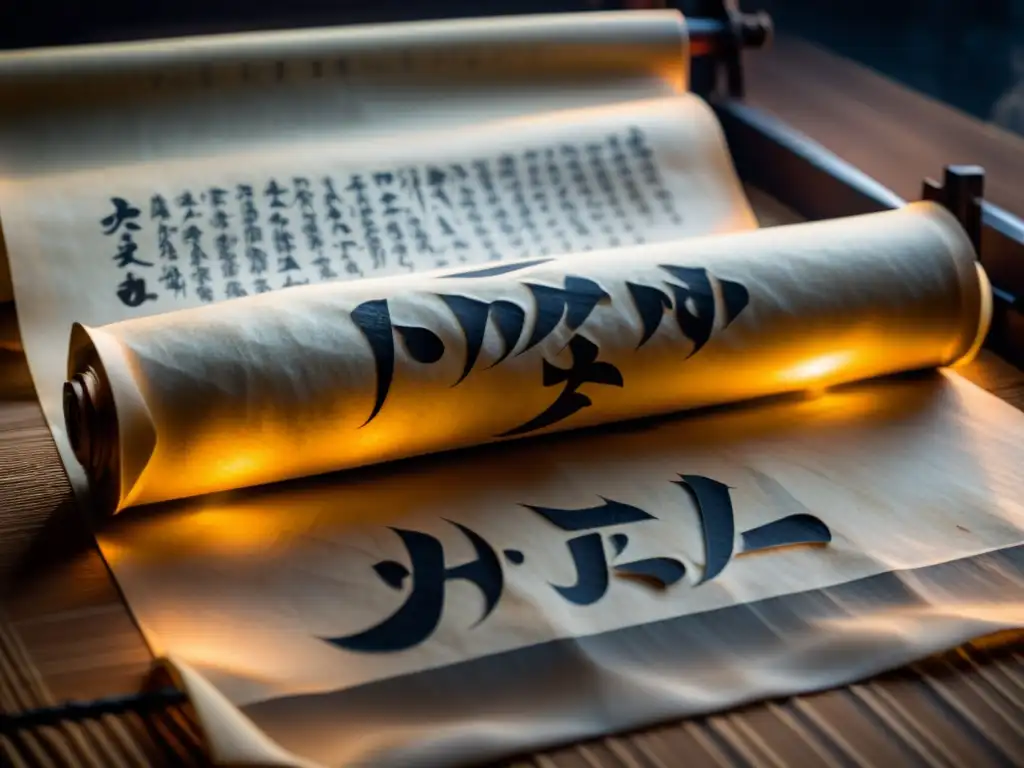 El enigma de Tomino análisis: Detalle de un pergamino antiguo con caligrafía japonesa y atmósfera misteriosa