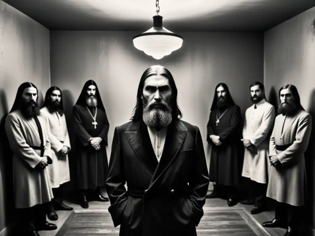 Una enigmática fotografía en blanco y negro de Rasputín, rodeado de figuras sombrías en una habitación tenue