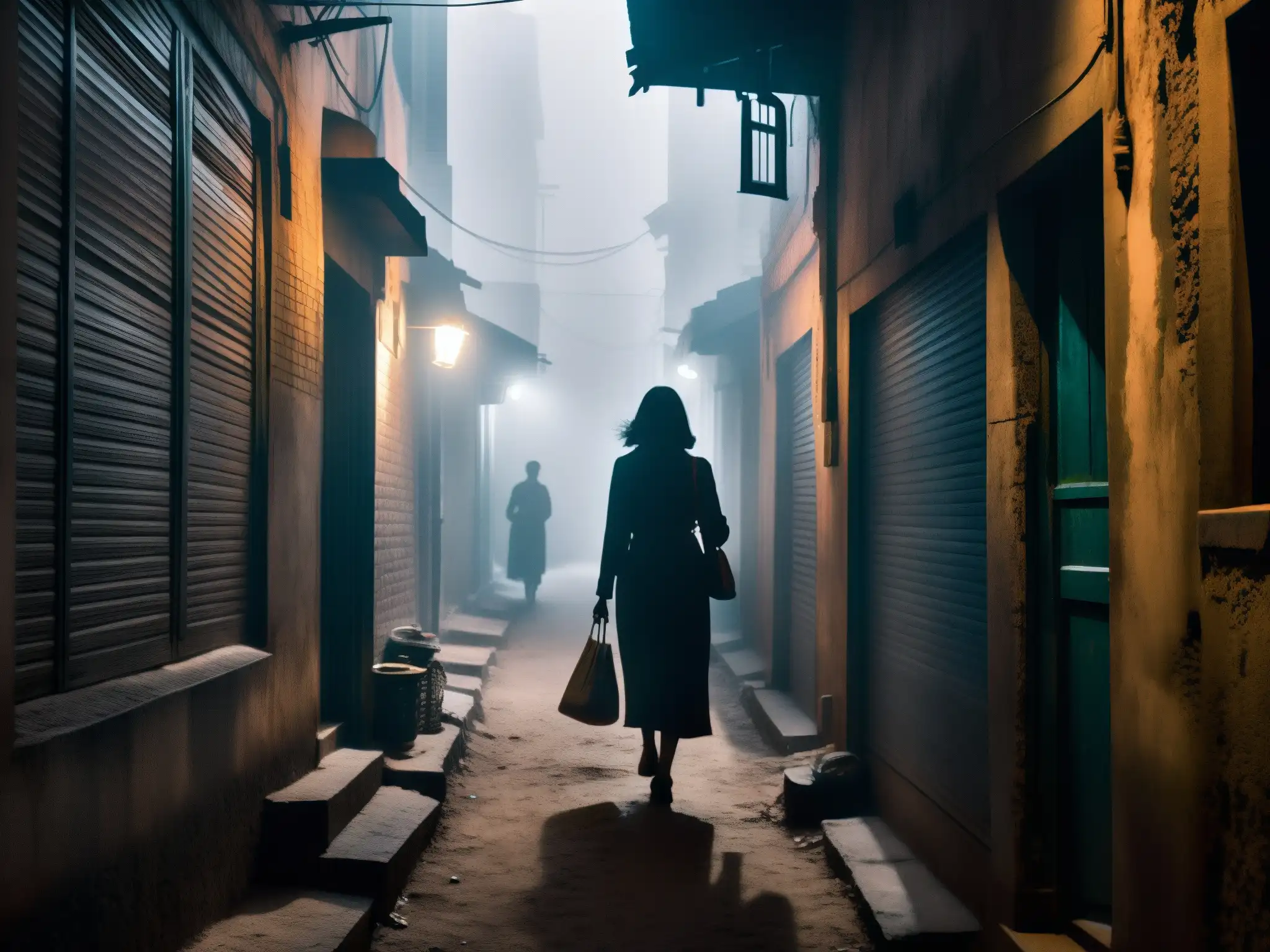 Enigmática callejuela de Delhi, con sombras y neblina, evocando la leyenda urbana de la Mujer sin Cabeza