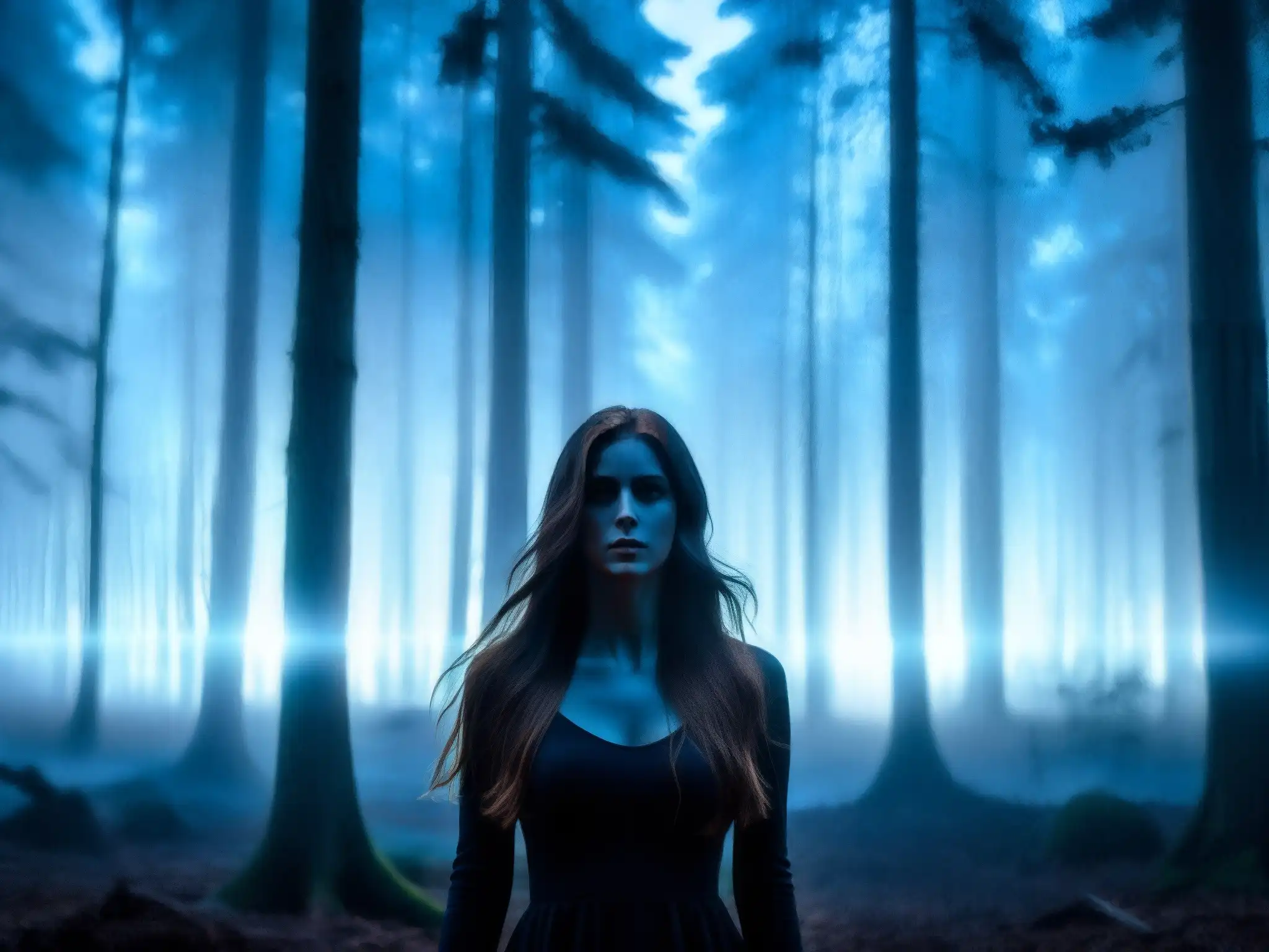Enigmática La Cegua, mito centroamericano, emerge de la neblina nocturna en un bosque oscuro, con ojos azules brillantes
